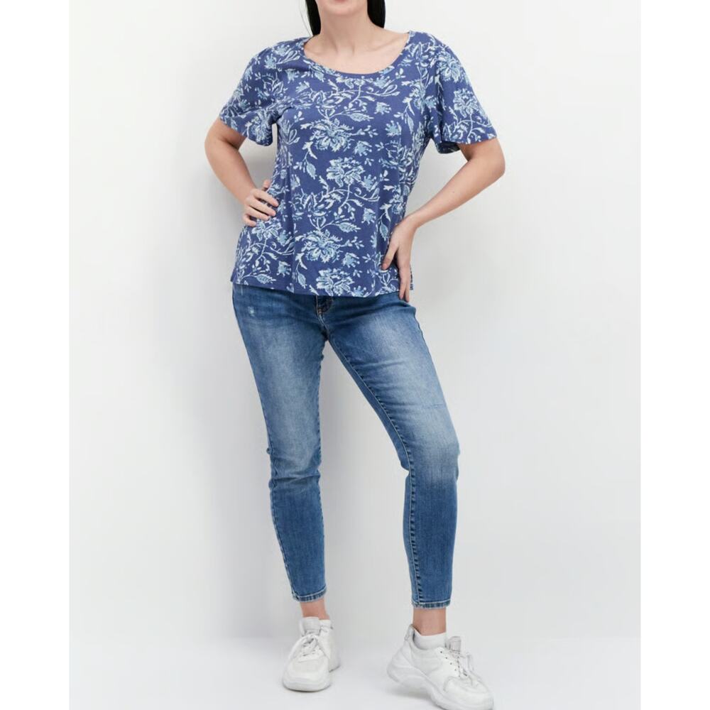 Lucky Brand‎ Flutter Sleeve Floral Tee Womens Sz XL Blue Short Sleeve Scoop Neck - Picture 3 of 15